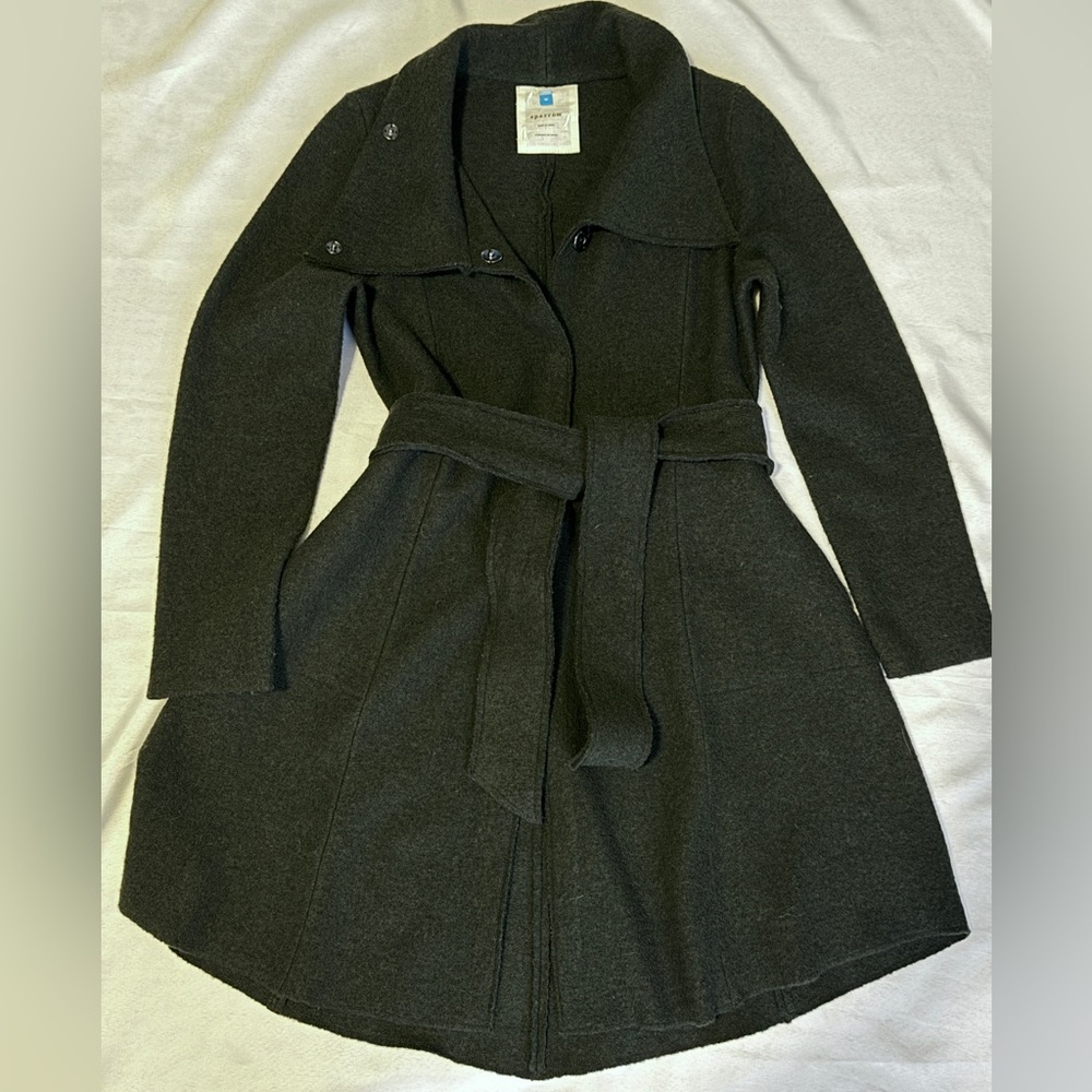Anthropologie Sparrow Belted Shawled 100% Wool Sweater Coat Green Belted EUC - Picture 2 of 9